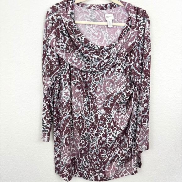 Chico's Womens Zenergy Cowl Neck Top Size XL Floral Soft Comfy Dark Red - Picture 1 of 7